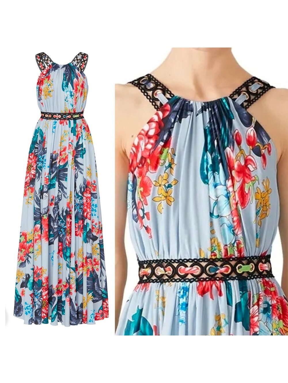 Badgley Mischka Floral Grommet Maxi Dress Size 8 Blue Flowy Tropical Cottagecore